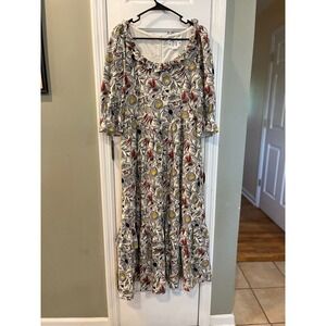 Meadows Floral Ruffle Dress Puff Sleeve Cotton Botanical Print Pockets US 4 b7